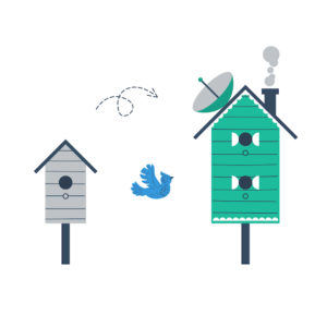 Vector image of a bird flying from a small bird house to a large one