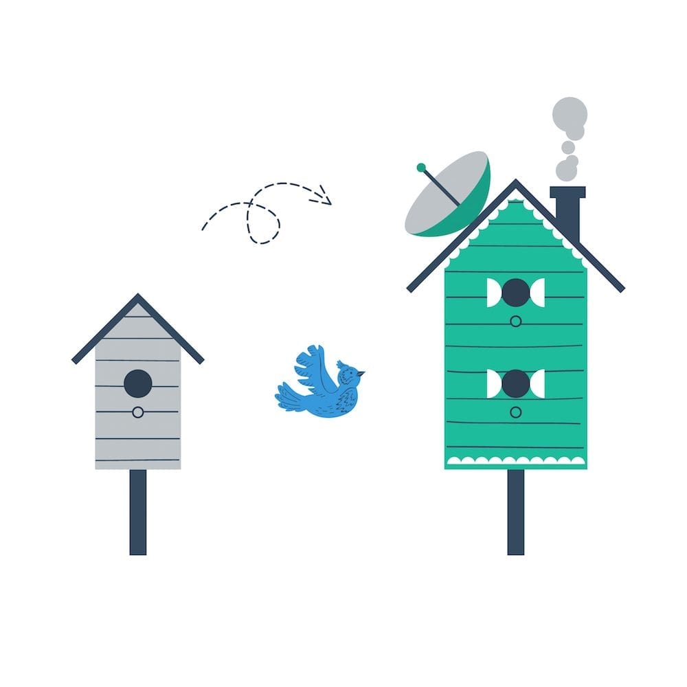 Vector image of a bird flying from a small bird house to a large one